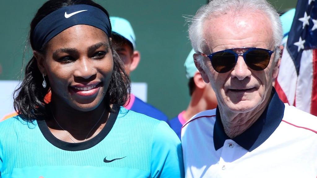 US tennis player Serena Williams (L) stands with Raymond Moore, Indian Wells CEO. Photograph: Paul Buck/EPA