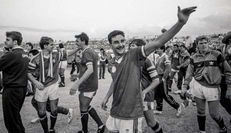 John Aldridge celebrates on the pitch after his team's World Cup qualifier win at the Ta'Qali Stadium. Photograph: Inpho