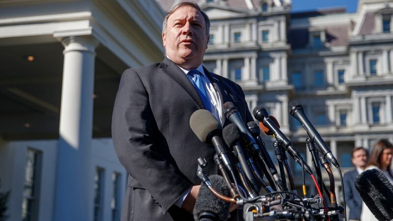 US secretary of state Mike Pompeo talks to the media following a meeting with president Donald Trump about missing Saudi Arabian journalist Jamal Khashoggi outside the White House. Photograph: Shawn Thew/EPA