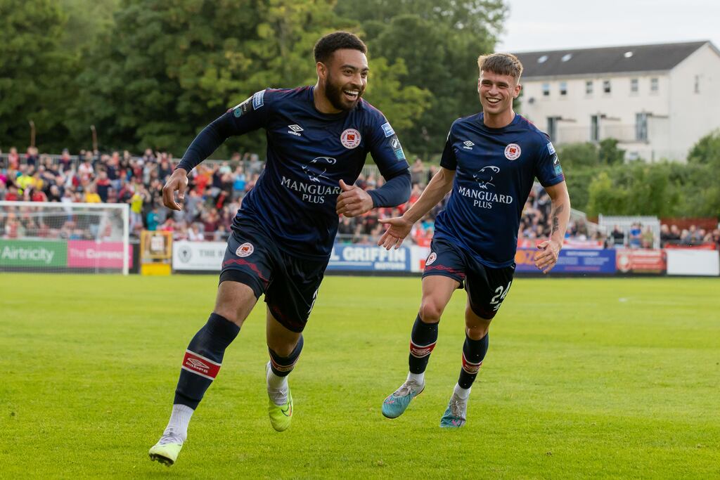 St Patrick’s Athletic’s Jake Mulraney celebrates scoring a goal with Adam Murphy. Photograph: Morgan Treacy/Inpho