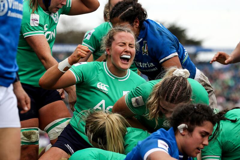 Ireland's Fiona Tuite celebrates after Neve Jones scores a try against Italy at the RDS. Photograph: Ben Brady/Inpho