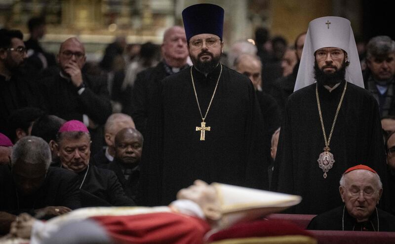 Mourners pay respects to pope emeritus Benedict XVI lying in state at St Peter's Basilica in the Vatican. Photograph: Tiziana Fabi/AFP via Getty
