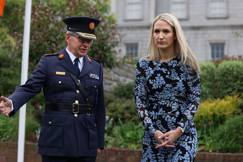 Minister for Justice Helen McEntee with Garda Commissioner Drew Harris at the ceremony at Dublin Castle. Photograph: Dara Mac Dónaill