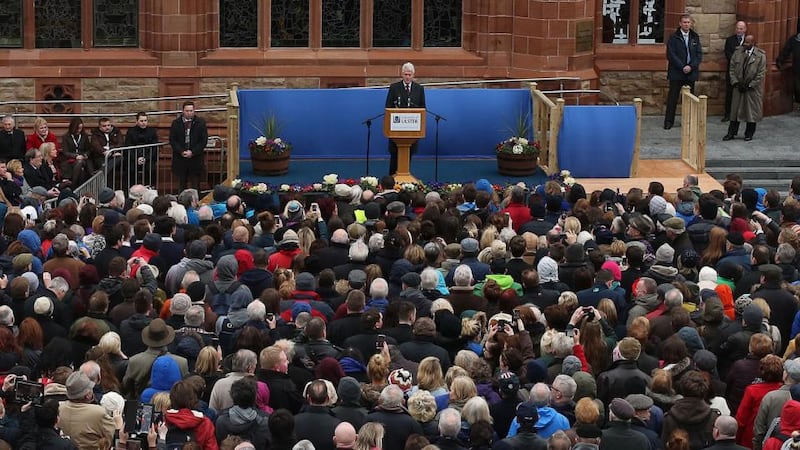 Former US president Bill Clinton speaking outside the Guildhall in Derry yesterday. Photograph: Niall Carson/PA Wire