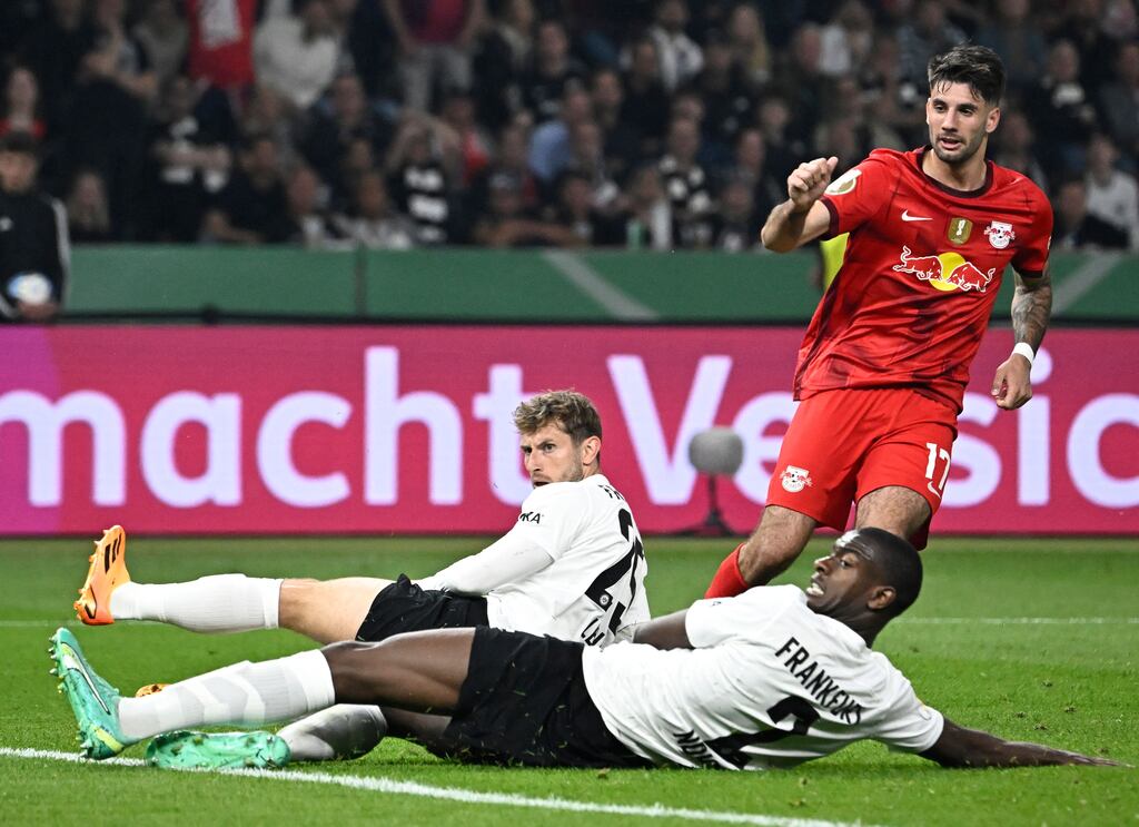 Leipzig's Hungarian midfielder Dominik Szoboszlai (right) celebrates scoring during the German Cup final against Eintracht Frankfurt in Berlin, Germany, on June 3th, 2023. Photograph: Tobias Schwarz/AFP