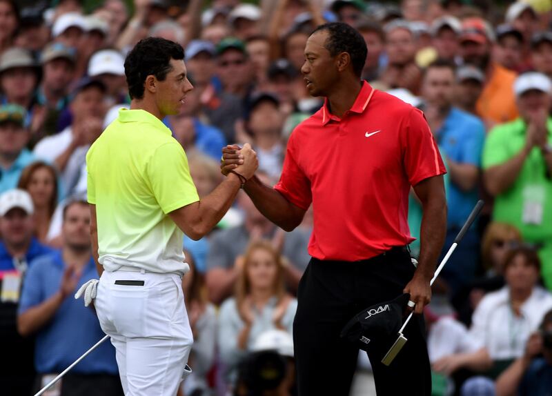 Rory McIlroy and Tiger Woods on the 18th green during the final round of the 2015 Masters at Augusta. Photograph: Ross Kinnaird/Getty Images