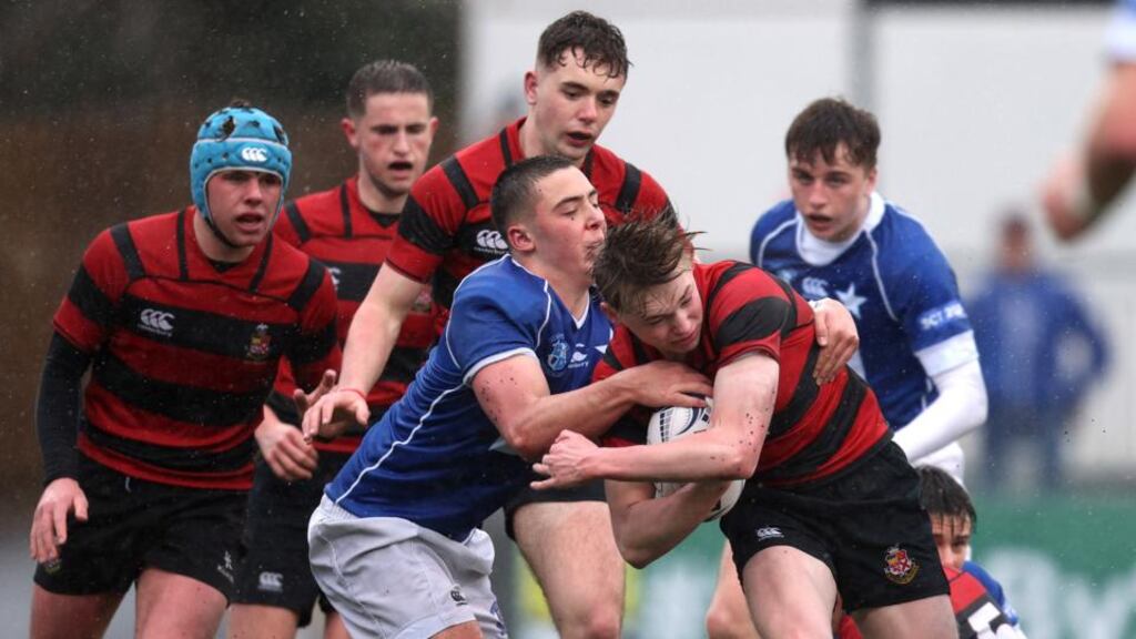 Kilkenny College’s Zach Furlong is tackled by Aaron O’Brien of St Mary’s during the Bank of Ireland Leinster Schools Senior Cup Round 2 fixture at Energia Park, Donnybrook on Wednesday. Photograph: Tom Maher/Inpho