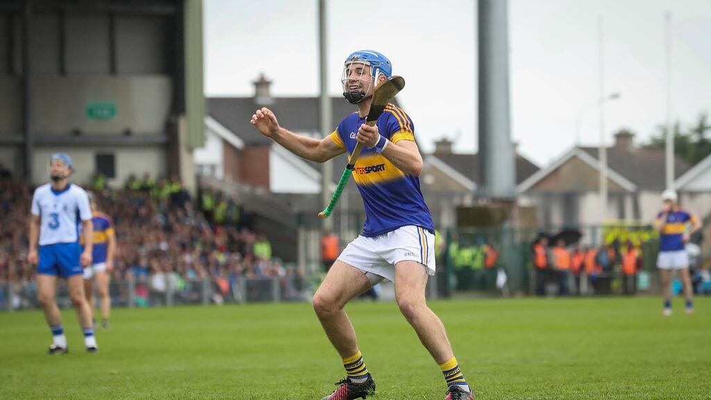 John McGrath celebrates scoring a goal for Tipperary from a penalty against Waterford at Gaelic Grounds on Sunday. Photograph: Ryan Byrne/Inpho.