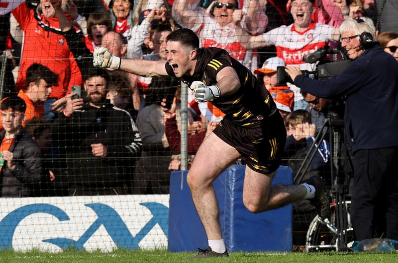 Derry goalkeeper Odhrán Lynch celebrates after the penalty shoot-out victory over Armagh in the Ulster SFC Final. Photograph: Tom Maher/Inpho