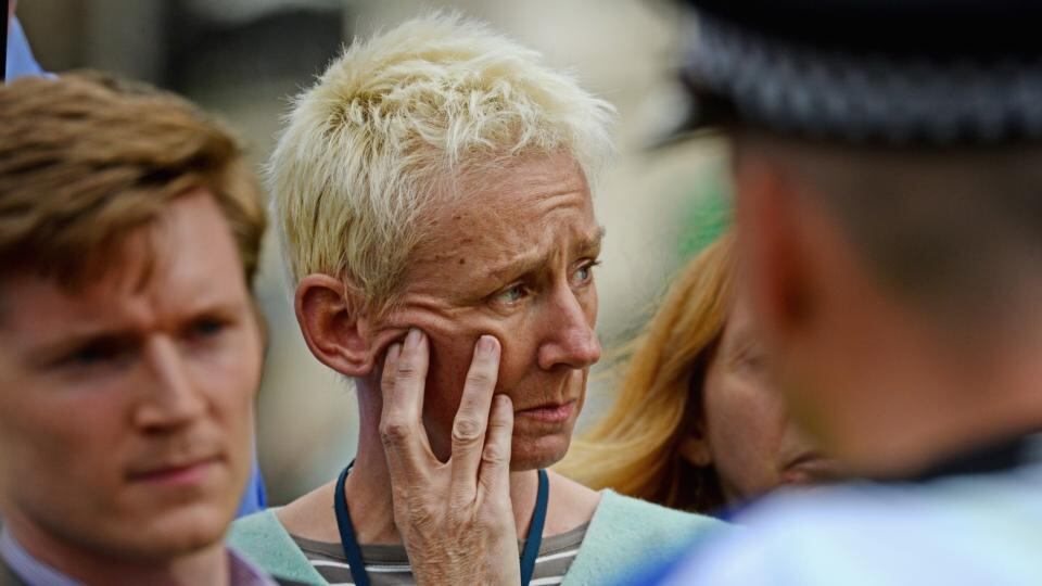 Broadcaster Muriel Gray reacts as a fire engulfs the Glasgow School of Art Charles Rennie Mackintosh Building yesterday in Glasgow, Scotland. Photograph: Jeff J Mitchell/Getty Images