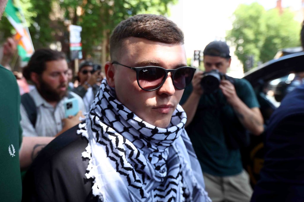 Kneecap's Liam Óg Ó hAnnaidh, who performs under the name Mo Chara, leaving court in London last Wednesday. Photograph: Peter Nicholls/Getty Images