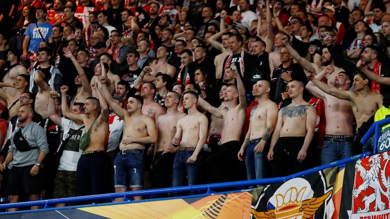 Slavia Prague fans during the game.