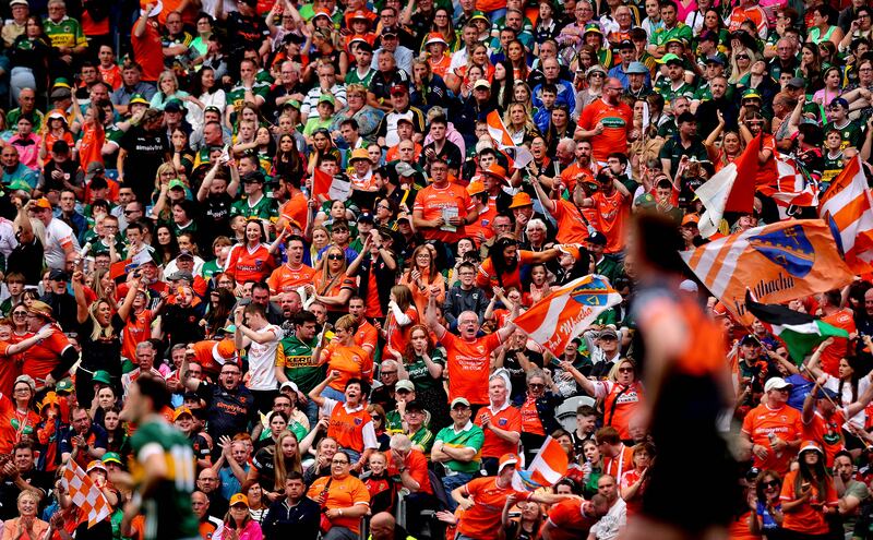 Armagh fans celebrate during their game against Kerry. Photograph: Ryan Byrne/Inpho