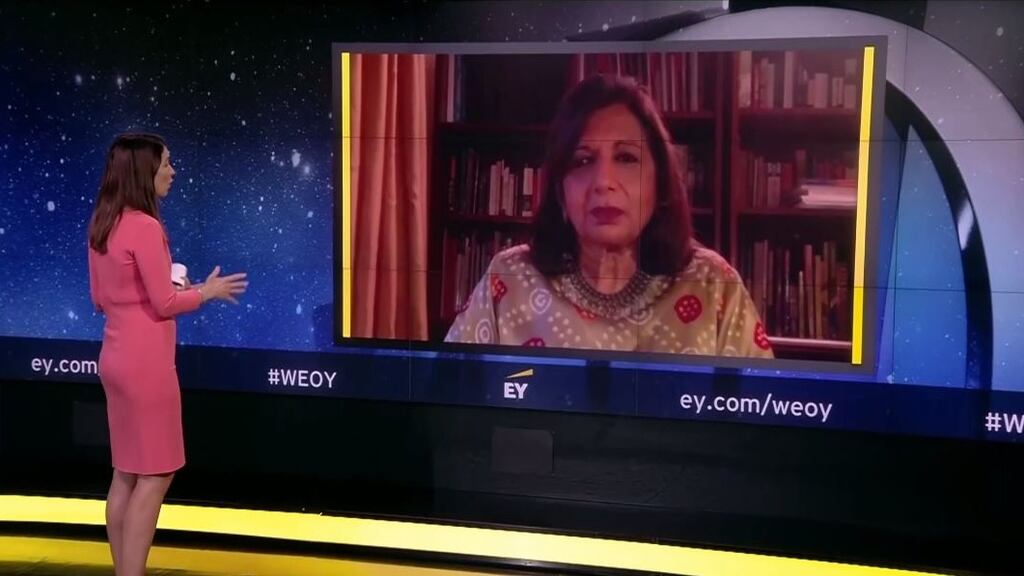The year’s ceremony is the first to be held online as the formal event, usually held in Monaco, had to be cancelled as a result of lockdown restrictions imposed across the globe. Pictured on screen is Dr Kiran Mazumdar-Shaw.