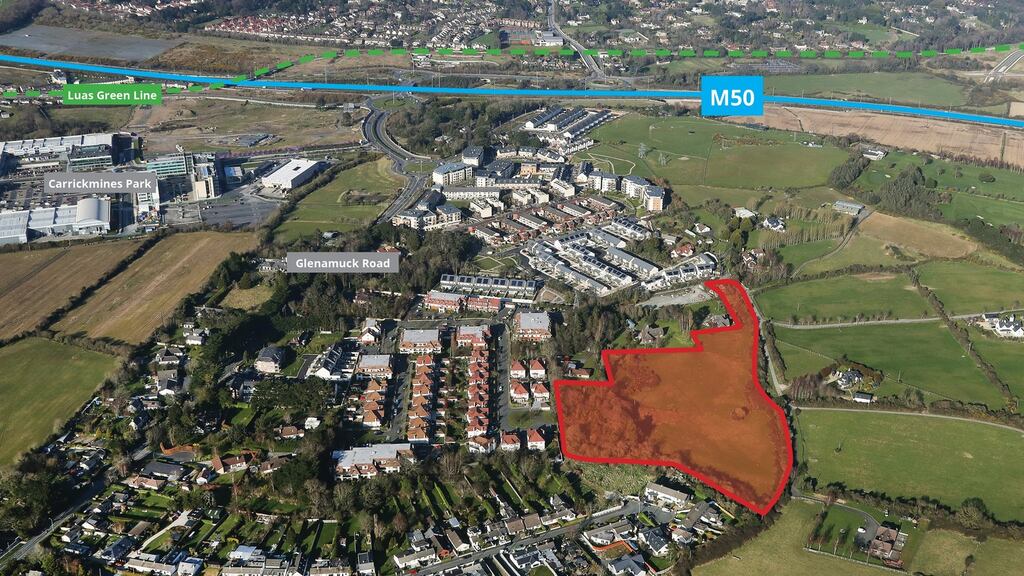 An aerial view shows the site’s  location to the rear of the Cairnbrook estate in Carrickmines, Dublin 18