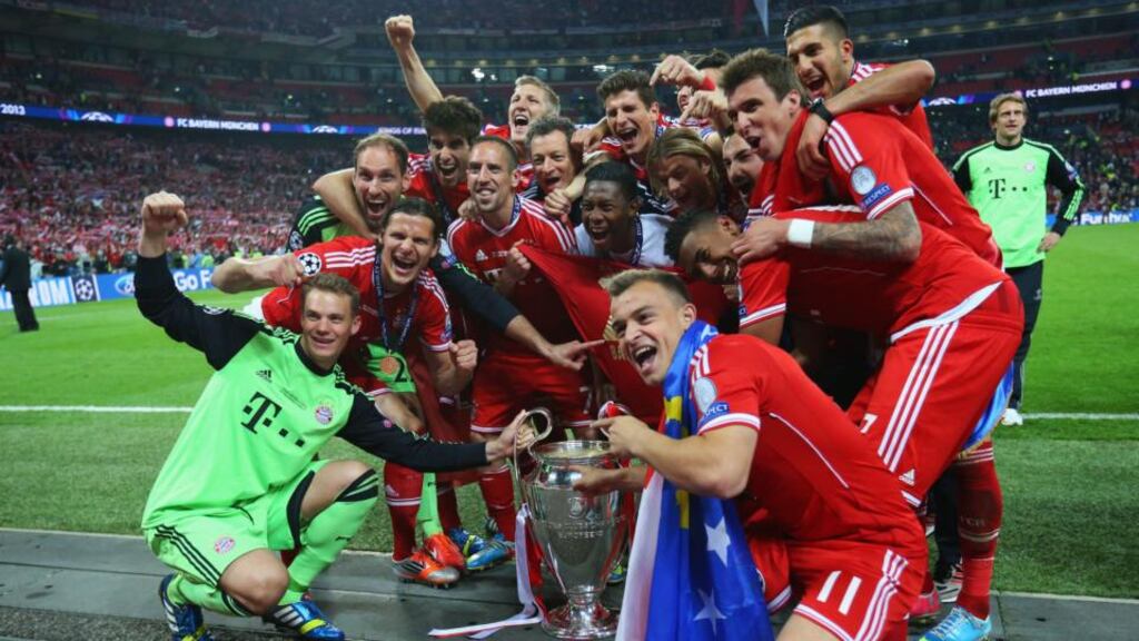 The Bayern Munich players celebrate after Saturday night’s victory in the Uefa Champions League final against Borussia Dortmund at Wembley. Liam Brady had forecast a few months ago Bayern would emerge victorious. Photograph: Getty Images