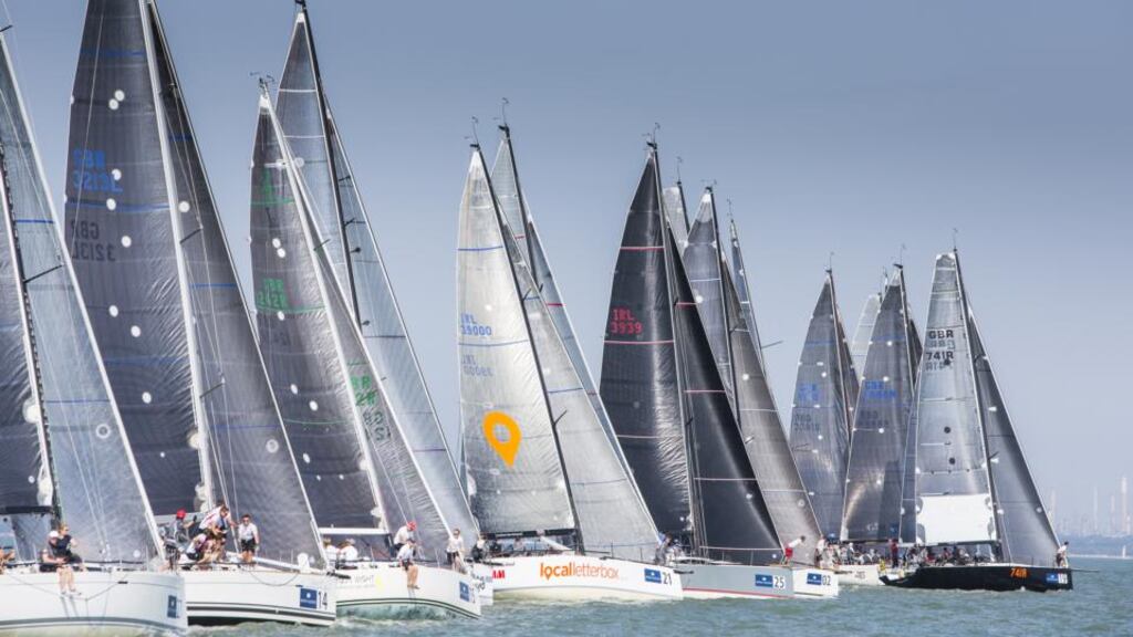 The start of race four with Ireland’s Antix in a clear position in the middle of the fleet on the fifth day of racing in the Brewin Dolphin Commodores’ Cup at Cowes. Photograph: David Branigan/Oceansport