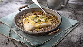 Baked hake with lentils, English mustard and thyme butter