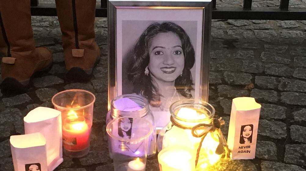“Never again” was the message from the candlelight vigil outside Belfast City Hall, organised by Alliance for Choice and the Belfast Feminist Network to mark the fifth anniversary of Ms Halappanavar’s death. Photograph: Amanda Ferguson