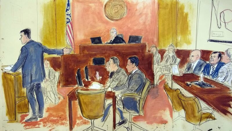 During his opening statement, Assistant US Attorney Adam Feels (left) gestures to Joaquin “El Chapo” Guzman (second from right) at Brooklyn Federal Court in New York Photograph: Elizabeth Williams/AP