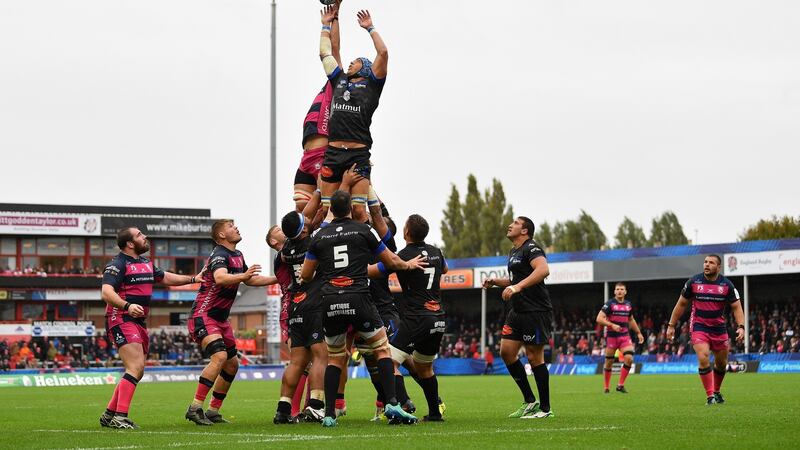 Gloucester’ Gerbrandt Grobler of Gloucester Rugby battles for a lineout with Christope Samson of Castres. Photograph: Dan Mullan/Getty