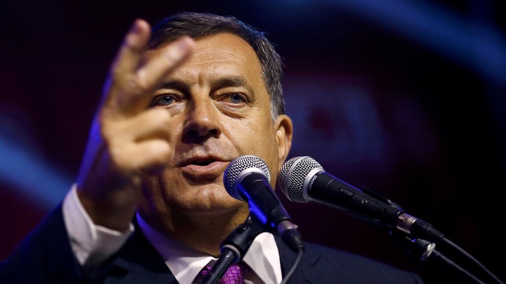 Milorad Dodik, president of Republika Srpska, speaks after the results of a referendum over a disputed national holiday during an election rally in Pale, Bosnia, on Sunday. Photograph: Dado Ruvic/Reuters
