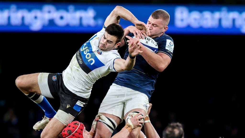 Bath’s Will Muir competes in the air with Ross Molony during Leinster’s Champions Cup win. Photograph: Billy Stickland/Inpho