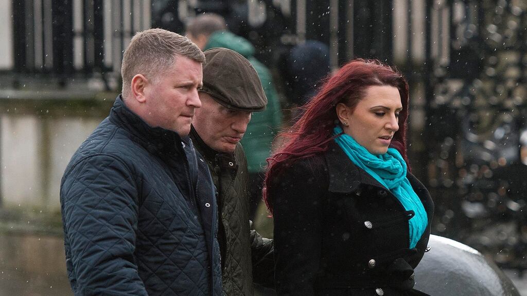 Paul Golding (left), leader of Britain First, and the group’s deputy leader Jayda Fransen (right) arriving at Belfast’s Laganside Courts on Thursday. Photograph: Mark Marlow/PA Wire.