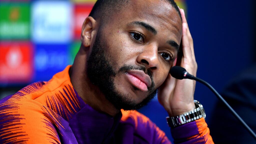 Raheem Sterling of Manchester City attends a press conference ahead of his team’s Uefa Champions League quarter-final match against Tottenham Hotspur. Photograph: Dan Mullan/Getty Images