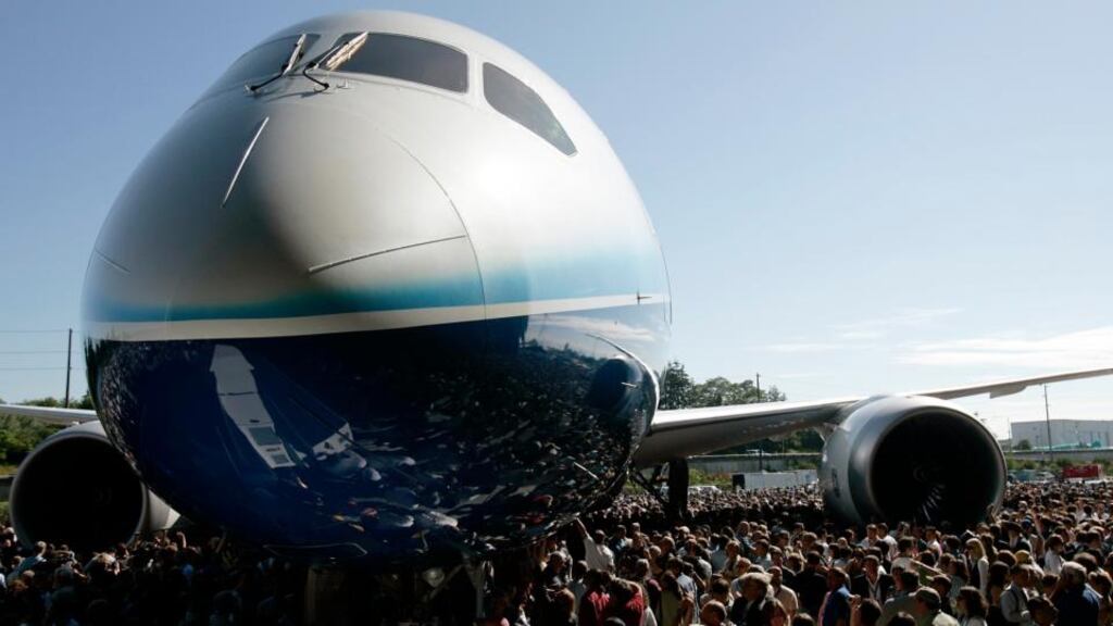The Boeing 787 Dreamliner aircraft surrounded by employees and special guests during its world premiere in 2007. Photograph: Robert Sorbo/Reuters