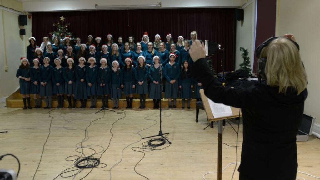Loreto Secondary School Dalkey recording the Band Aid 30 song through the WholeWorldBand app. Money raised will go towards Ebola relief in west Africa. Photograph: Brenda Fitzsimons