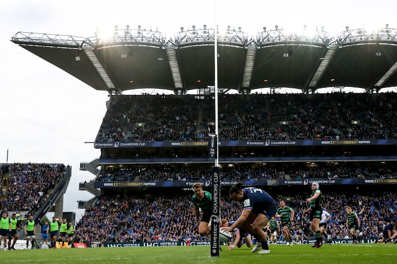 Historic setting: Leinster's James Lowe scores his team's third try against Northampton. Photograph: Ben Brady/Inpho