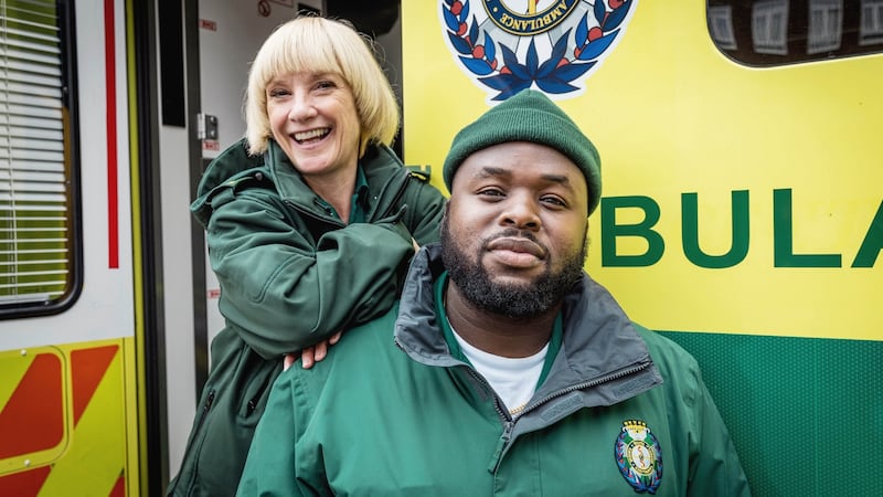 Samson Kayo and Jane Horrocks star in comedy series Bloods as paramedic partners in the South London ambulance service. Photograph: Sky UK