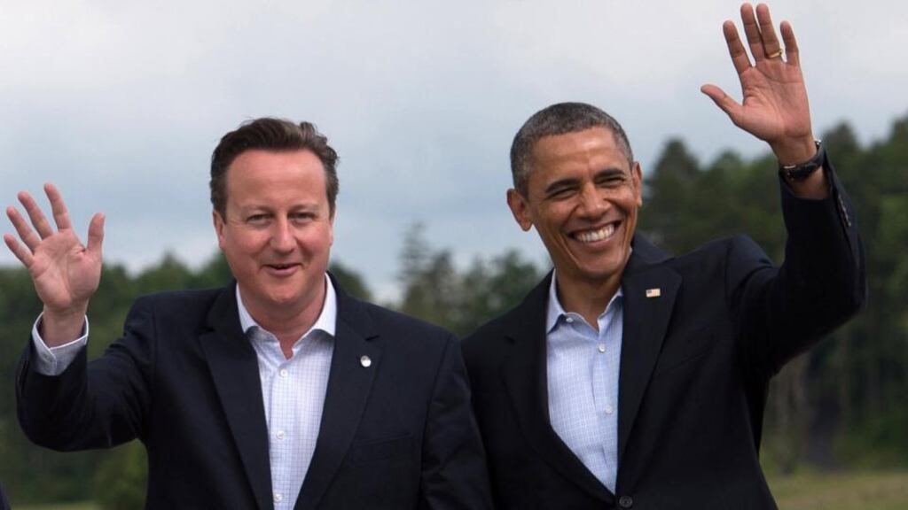 British prime minister David Cameron and US president Barack Obama at the G8 summit at Lough Erne in Enniskillen yesterday. “I think all of the G8 leaders commented on how remarkable it was to hold this G8 here and what a powerful message it sent and what it meant to them,” said Mr Cameron. Photograph: Stefan Rousseau/PA Wire