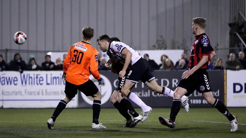 Dundalk’s Brian Gartland scores their winning goal. Photo: Tommy Dickson/Inpho
