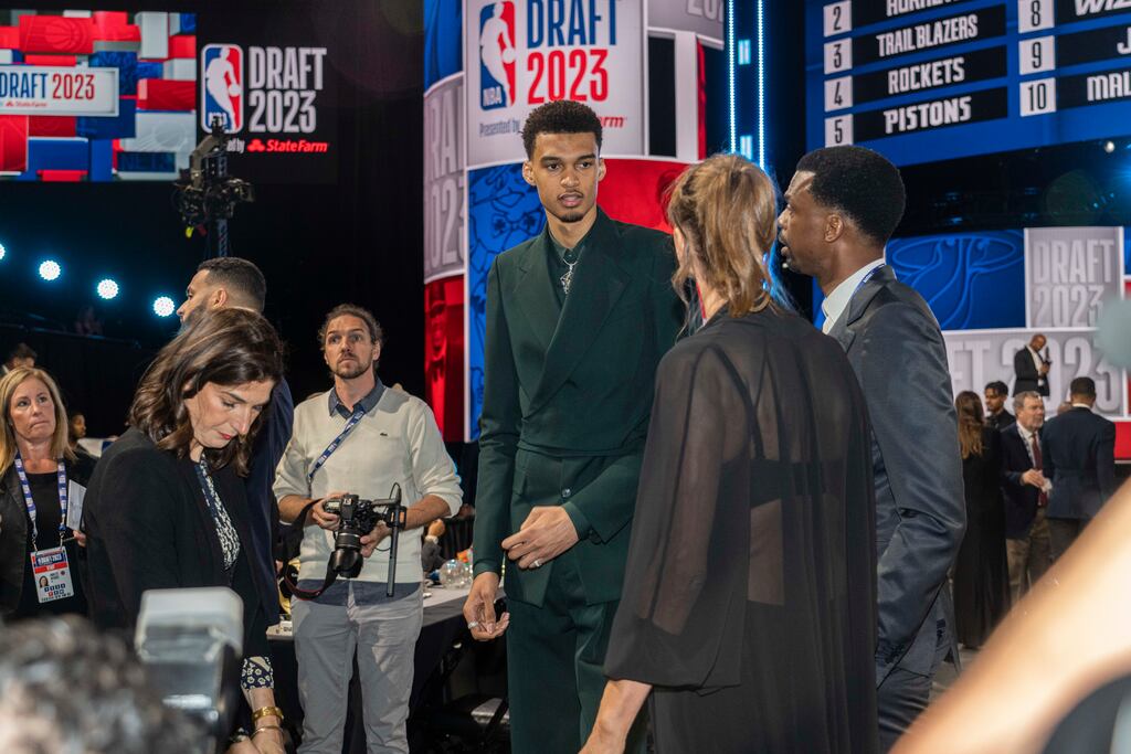 French basketball player Victor Wembanyama during the 2023 NBA Draft at Barclays Center in Brooklyn on Thursday night - Wembanyama will sign for the San Antonio Spurs. Photograph: Hiriko Masuike/The New York Times