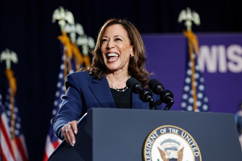 Kamala Harris speaking at West Allis Central High School in Milwaukee during her first campaign rally. Photograph: Kamil Krzaczynski/AFP via Getty Images