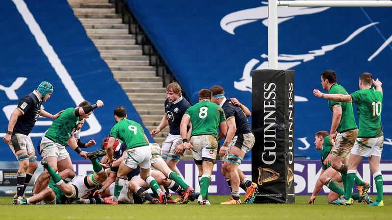 Ireland’s Tadhg Beirne scores a try during the Six Nations win over Scotland at Murrayfield. Photo: Tommy Dickson/Inpho