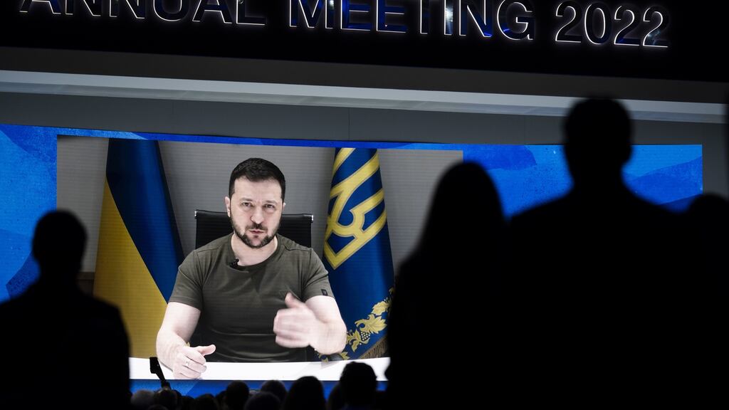 Ukrainian President Volodymyr Zelensky delivers an address via videolink during the opening plenary session of the 51st annual meeting of the World Economic Forum (WEF) in Davos, Switzerland, on Monday. Photograph: Gian Ehrenzeller/EPA