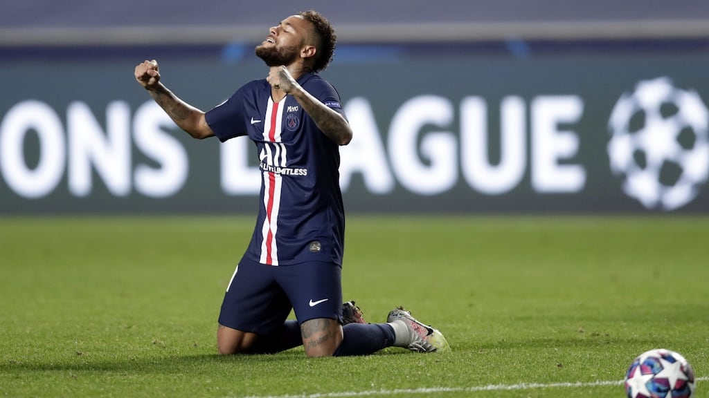 Paris St Germain’s Neymar celebrates after his team beat RB Leipzig to reach the Champions League final. Photo: Manu Fernandez/AFP