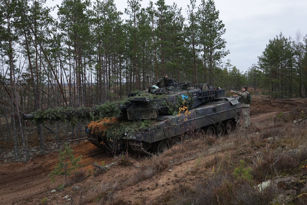 A German Leopard tank takes part in Nato exercises in Pabrade, Lithuania, in October 2022. Photograph: Sean Gallup/Getty Images