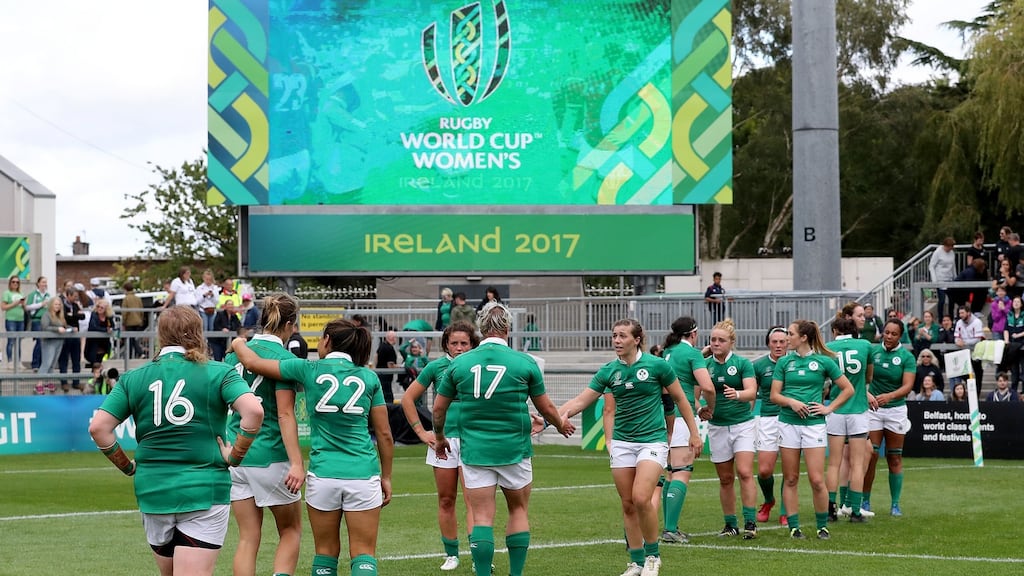 Ireland players walk off the pitch dejected after their defeat against Wales at Kingspan Stadium, Belfast. Photograph: Dan Sheridan/Inpho