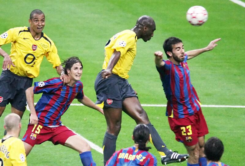 Sol Campbell heads in Arsenal's goal during the 2006 Champions League final against Barcelona. Photograph: Gabriel Buoys/AFP via Getty
