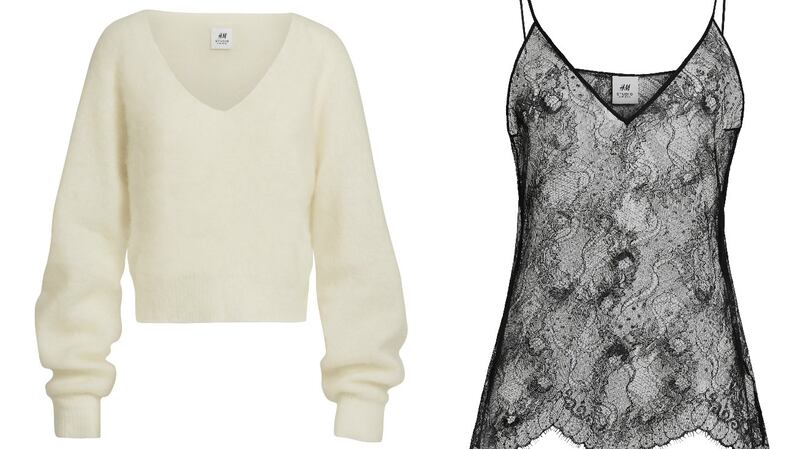 Cream v-neck (€49.95), lace camisole (€29.99)