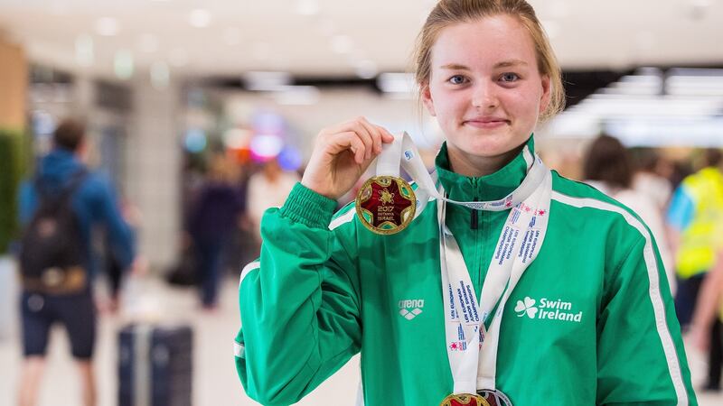 Mona McSharry with her medal haul from the European Junior Swimming Championship. Photograph: Oisin Keniry/Inpho