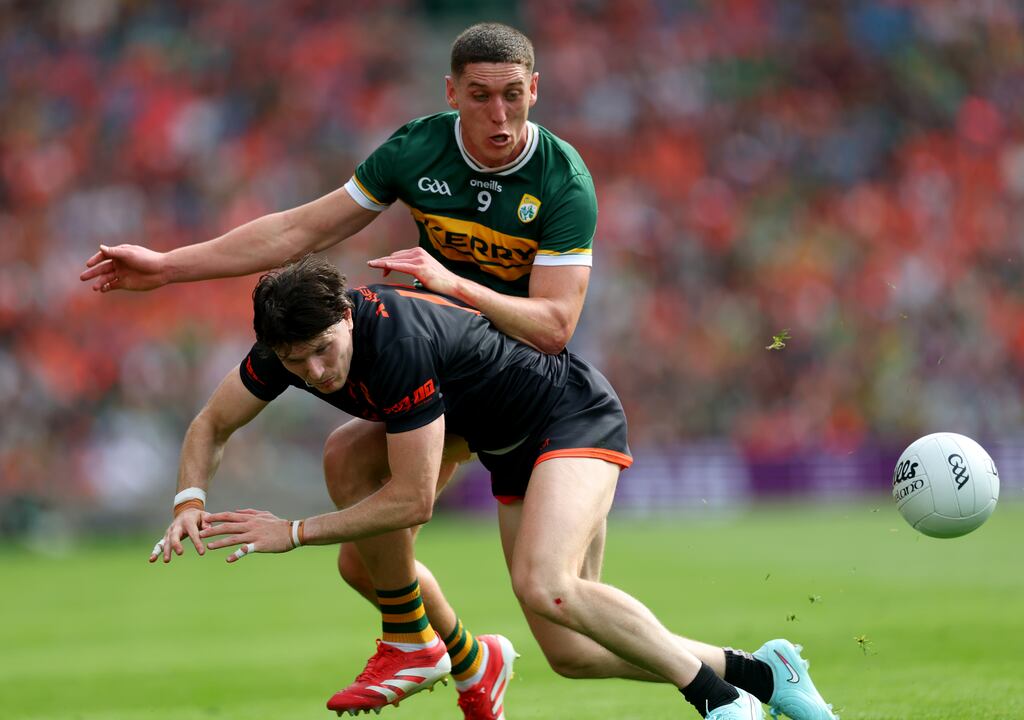 Armagh's Joe McElroy and Joe O'Connor of Kerry in action during the All-Ireland SFC quarter-final. Photograph: James Crombie/Inpho