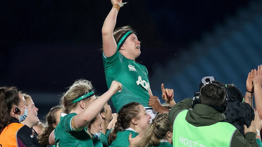 Ireland’s Ciara Griffin celebrates with the team after making her final appearance . Photo: Inpho