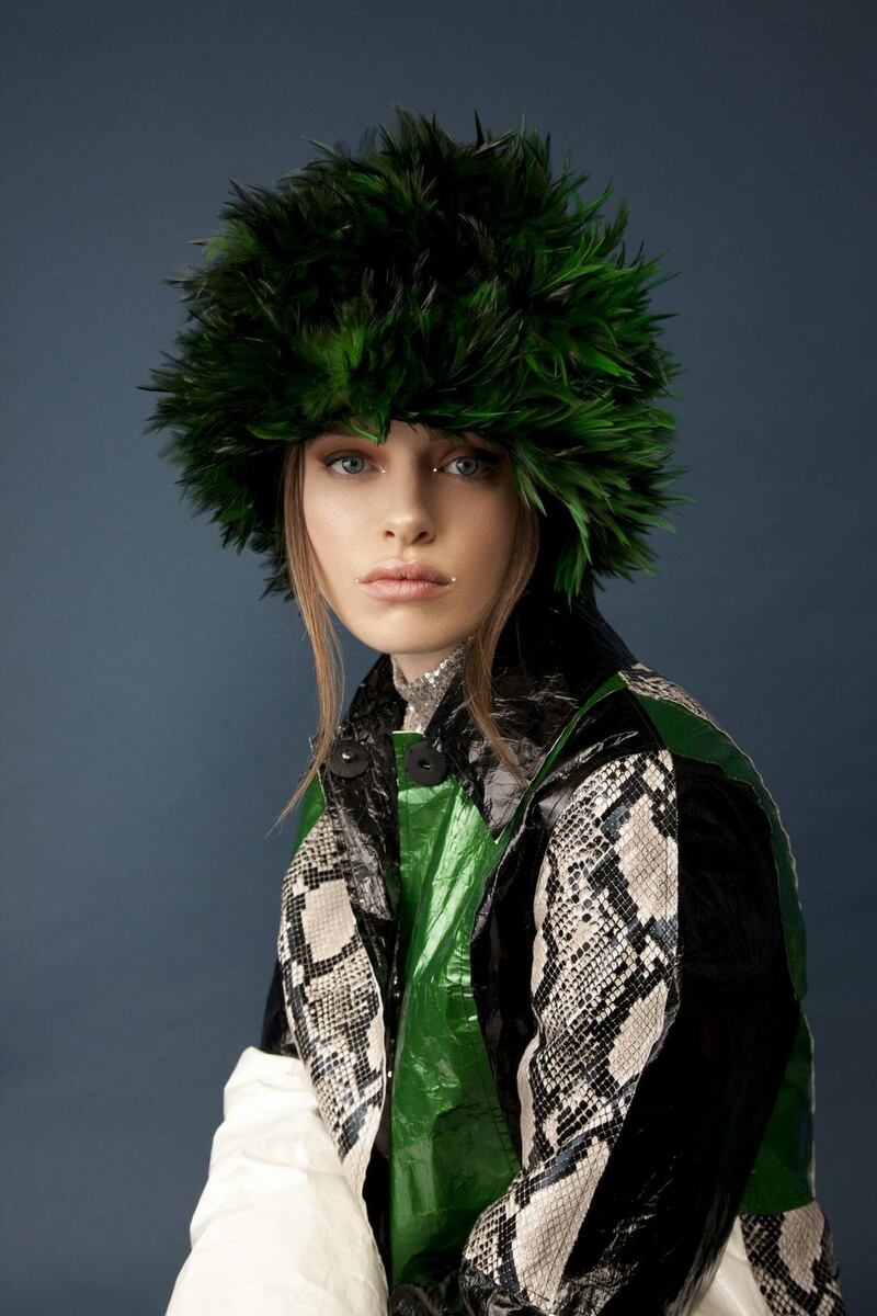 Green feather toque by Anthony Peto €420. Photograph: Daniel Holfeld