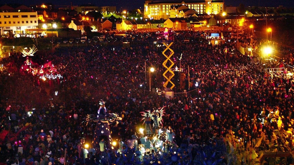 Thousands throng Galway for the Macnas parade  during the ever-popular annual arts festival in the city. But this year all festivals, big and small, have disappeared.   Photograph: Brenda Fitzsimons