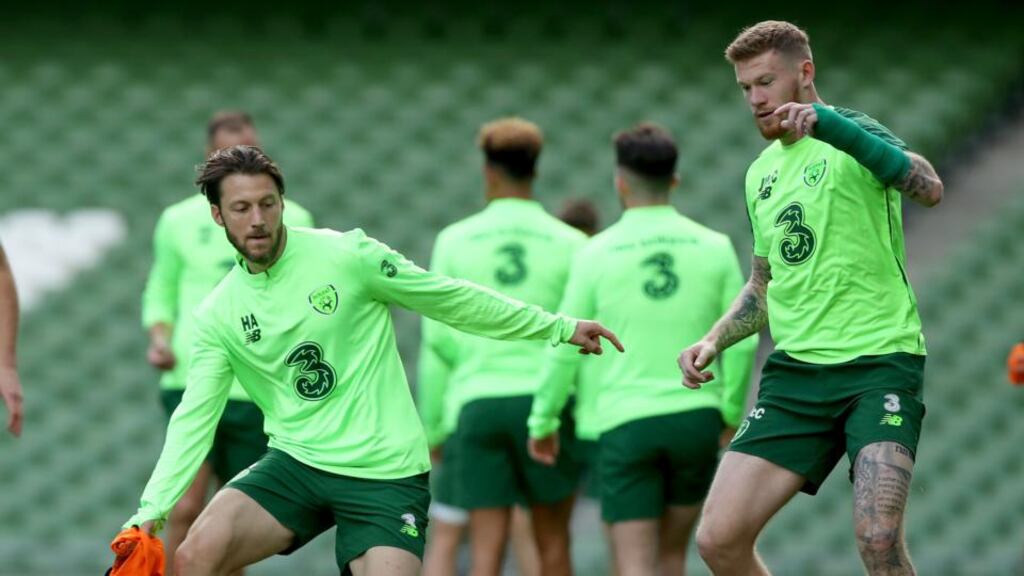 Harry Arter and James McClean during Ireland training ahead of the Nations League games against Denmark and Wales. Photo: Bryan Keane/Inpho